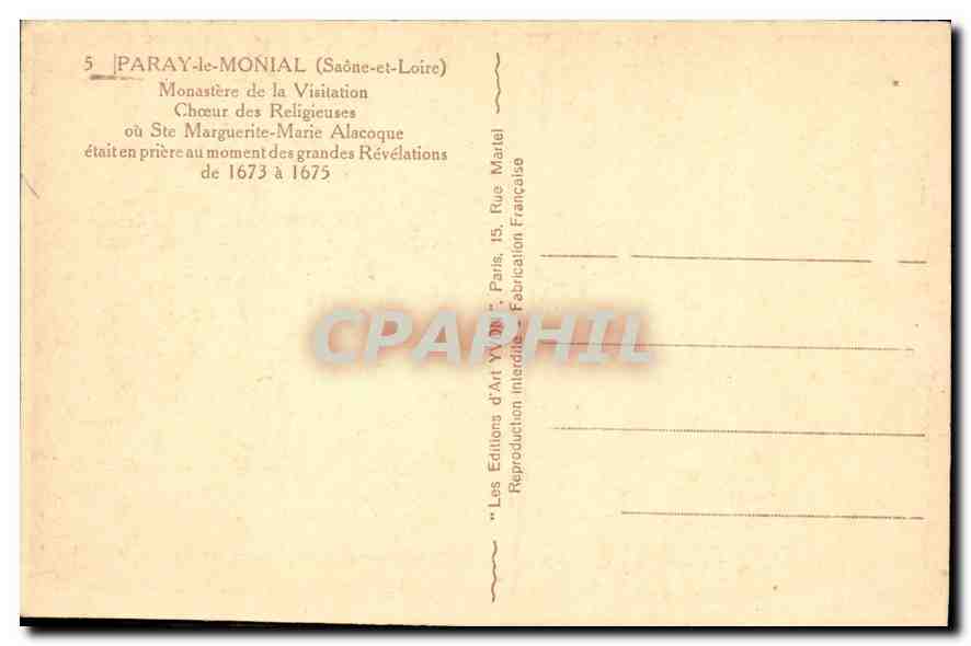 CPA Paray le Monial (Saone et Loire) Monastere de la Visitation Choeur des Religieuses ou Ste Margue — Rückseite
