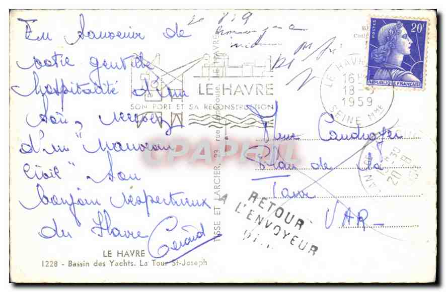 CPM Le Havre Bassin des Yachts la Tour St Joseph — Rückseite