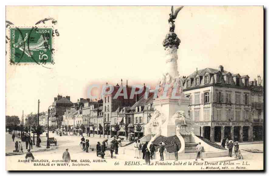 CPA Reims La Fontaine Sube et la Place Drouet d'Erlon Pharmacie Drouet d'Erlon