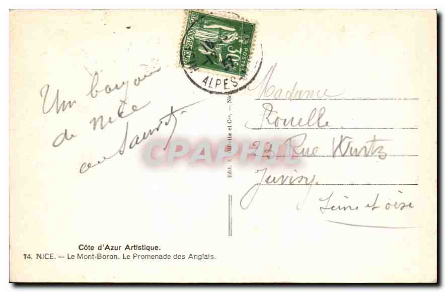 CPA Nice Le Mont Boron Le Promenade des Anglais  — Rückseite