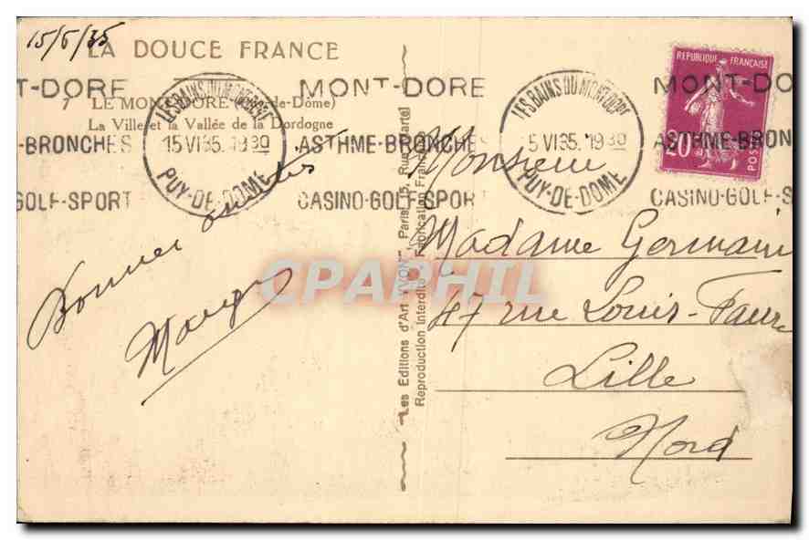 CPA Le Mont Dore P de D La Ville et la Vallee de la Dordogne  — Verso