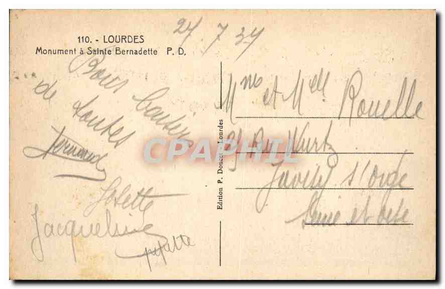 CPA Lourdes Monument a Ste Bernadette  — Verso
