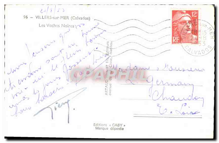 Tarjeta postal antigua Villers sur Mer Calvados Las Vacas Negras — Reverso
