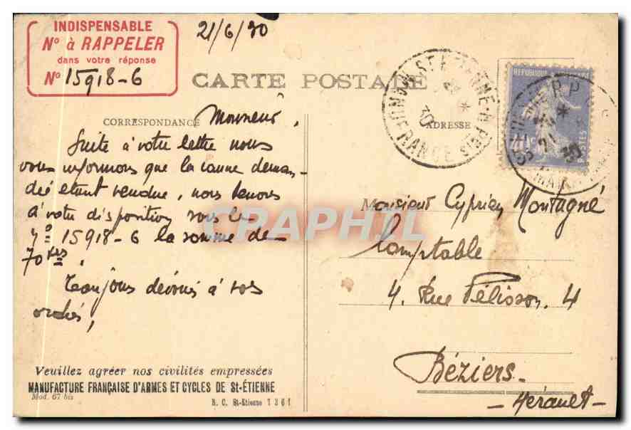 CPA Manufacture Francaise d'Armes et Cycles de Saint Etienne tours automatiques decollatar — Rückseite
