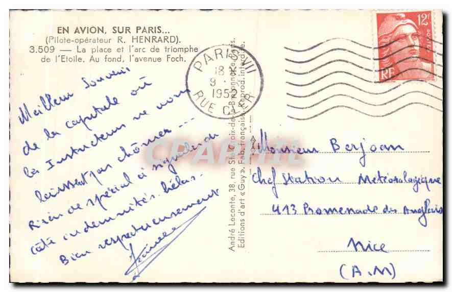 CPA En avion sur paris Pilote orerateur R Henrard la place et l'arc de triomphe de l'Etoile au fond  — Rückseite