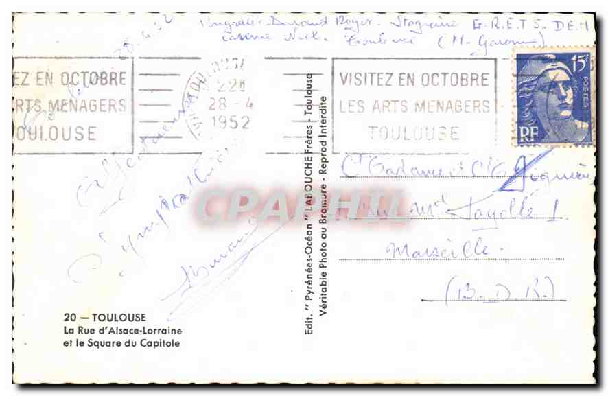 Toulouse — Rue d'Alsace-Lorraine et Square du Capitole — Édit. 'Pyrénées-Océan' La Rue d'Alsace-Lorraine — Verso