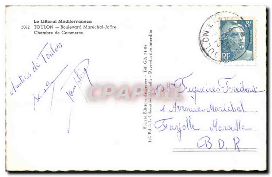 CPA Le Littoral Mediterraneen Toulon Boulevard Marechal Joffre Chambre de Commerce  — Rückseite