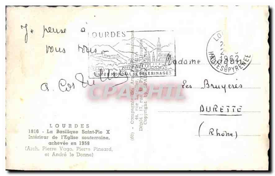 CPA Lourdes la Basilique Saint Pie X interieur de l'Eglise souterraine achevee en 1958 Arch Pierre V — Verso