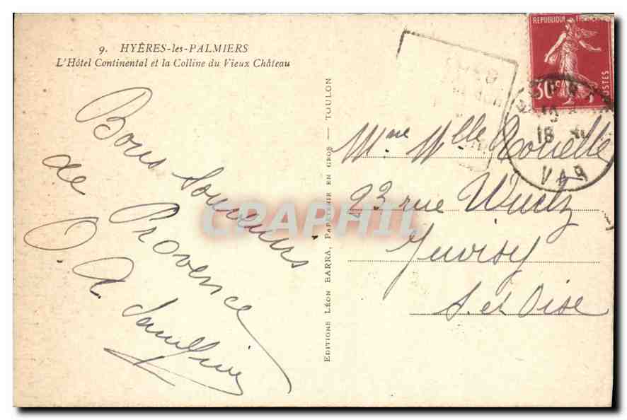 Hyères-les-Palmiers — L'Hôtel Continental et la Colline du Vieux Château — Édition Léon Barra, Papeterie en Gros — Tuilhon — Verso