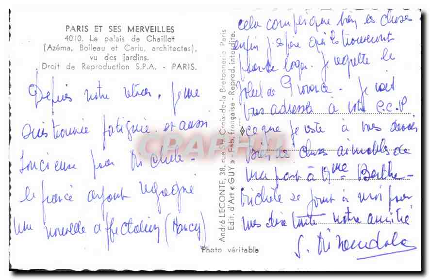CPA Paris et ses Merveilles le palais de Chaillot Azema Boileau et Cariu architectes vu des jardins  — Rückseite