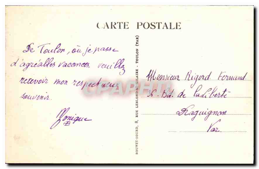 CPA Environs de Toulon la descente a Mejean  — Verso