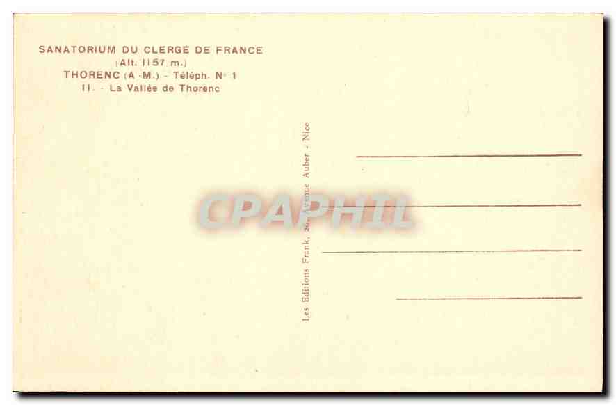 Sanatorium du Clergé de France — Thorenç (Alt. 1157 m.) — Les Éditions Frank, 26, Avenue Aubert, Nice — Verso