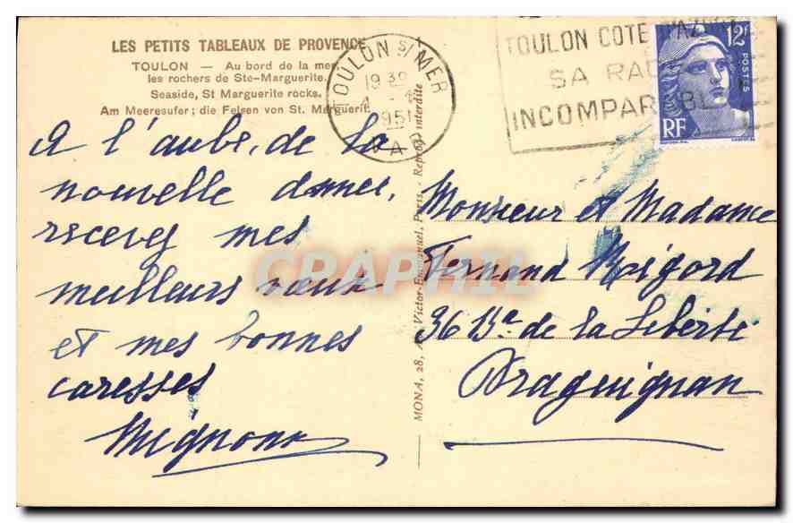 Les rochers de Sainte-Marguerite — Toulon — éditeur Mona, n° de série non visible — Rückseite