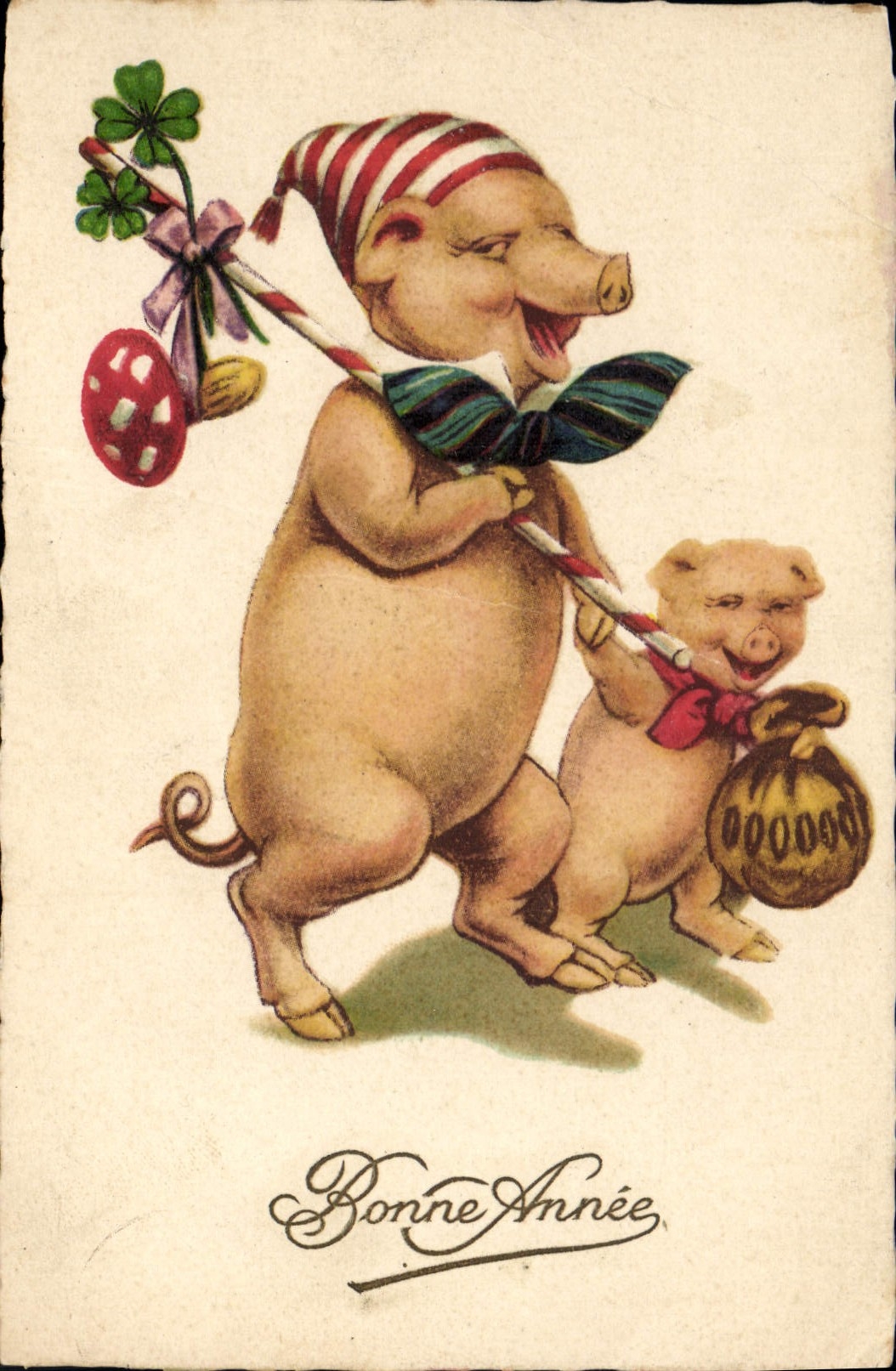 CPA Bonne Annee Cochons Porc Champignon