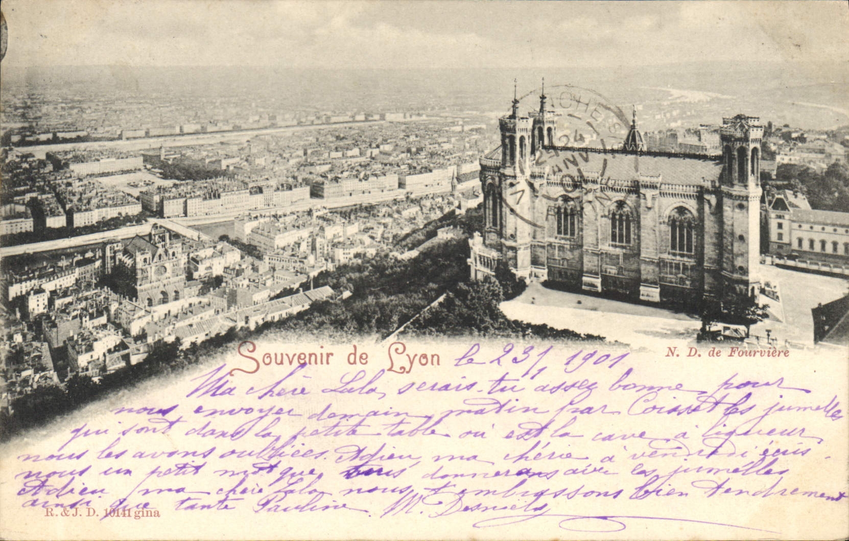 Aerial view of Lyon — Souvenir of Lyon — R.&J. D. Morigina, N.D. de Fourvière
