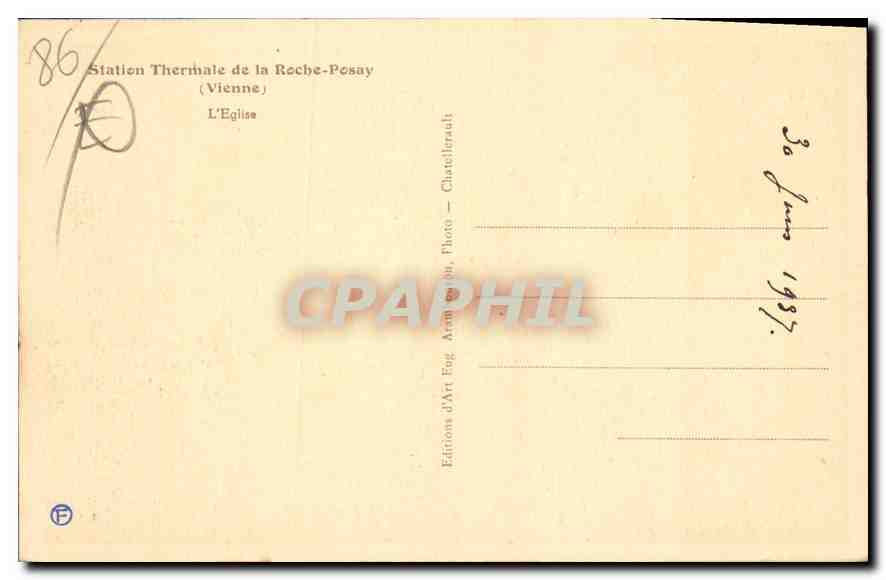 Estación Termal de La Roche-Posay — La Iglesia — Ediciones de Arte Eug. Arnaud, Chatellerault — Reverso