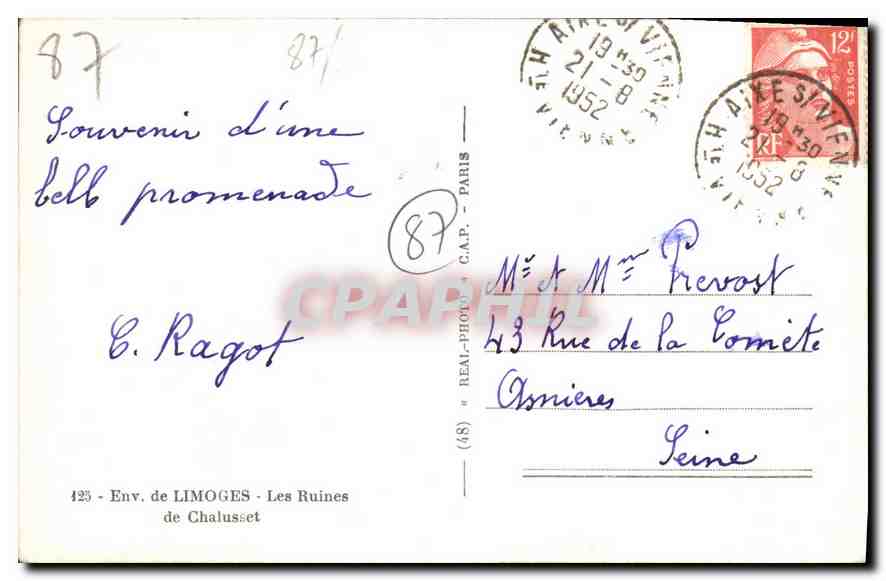 CPA Environs de Limoges Les Ruines de Chalusset  — Rückseite