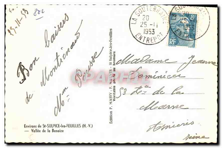 CPA Environs de St Sulpice les Feuilles H V Vallee de la Benaize  — Rückseite