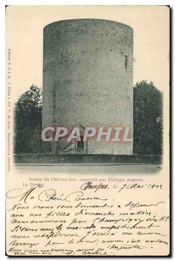 Ruines du Château-fort, construit par Philippe Auguste — Le Dorion, Bourgoin — Éditeur P. S. & R. M. phot. Réplication inédite