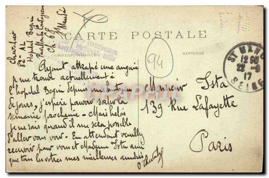 CPA Vincennes Saint Mande Hopital Militaire Begin Pavillon des Contagieux Militaria — Verso