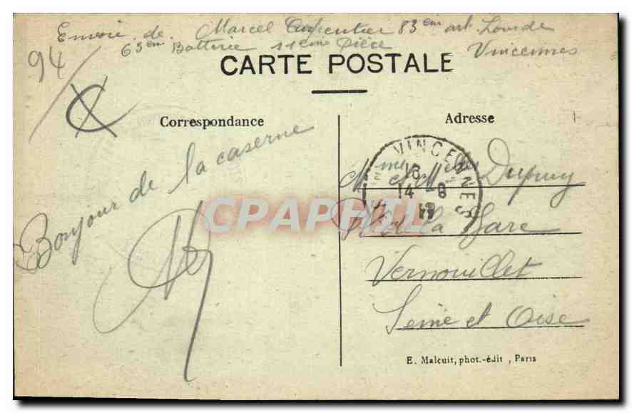 CPA Vincennes Vue panoramique des Quartoers d'Artillierie Militaria — Rückseite