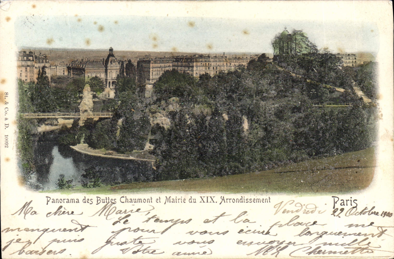 Tarjeta postal antigua París Panorama de las Buttes Chaumont y Ayuntamiento del XIX Distrito