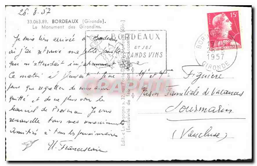 CPA Bordeaux Gironde Le Monument des Girondins  — Verso