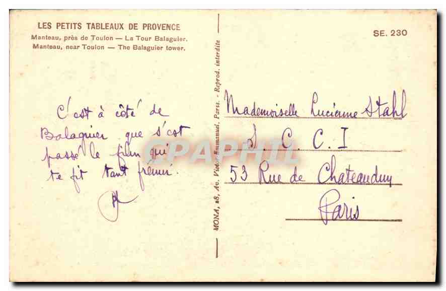 CPA Les Petits Tableaux de provence Manteau pres de Toulon La Tour Balaguier  — Rückseite