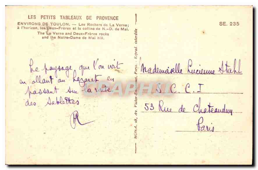 CPA Environs de Toulon Les Rochers de la Verne  — Rückseite