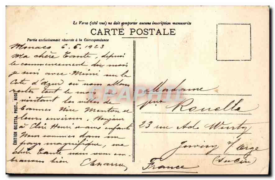 Monte-Carlo - Vue générale - Tir aux pigeons par un coup de mer - Édition Giletti, n° 745 — Verso