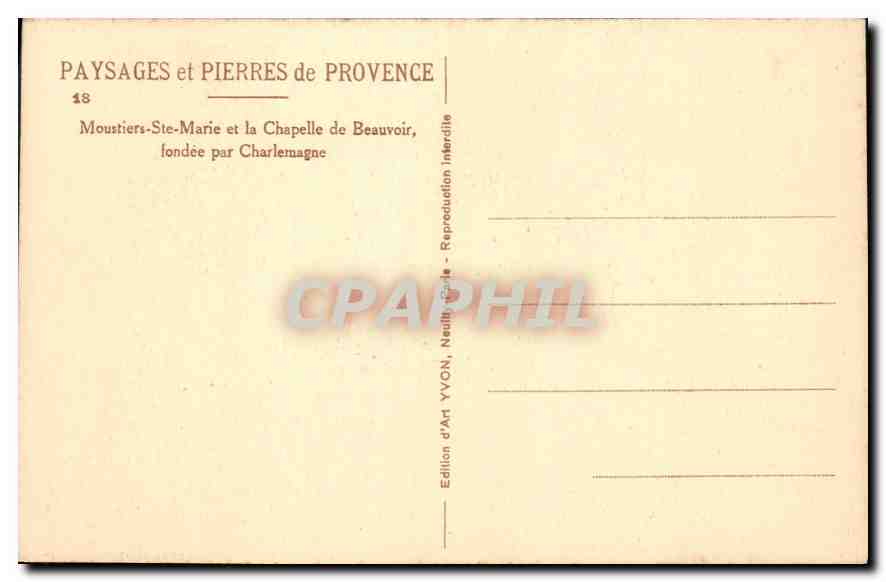 Moustiers-Ste-Marie et la Chapelle de Beauvoir — fondée par Charlemagne — Édition d'Art YVON — Rückseite