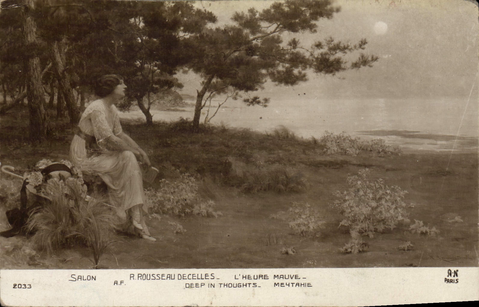 Femme assise en pensée — scène de nuit — Salon R. Rousseau Decelles, Paris