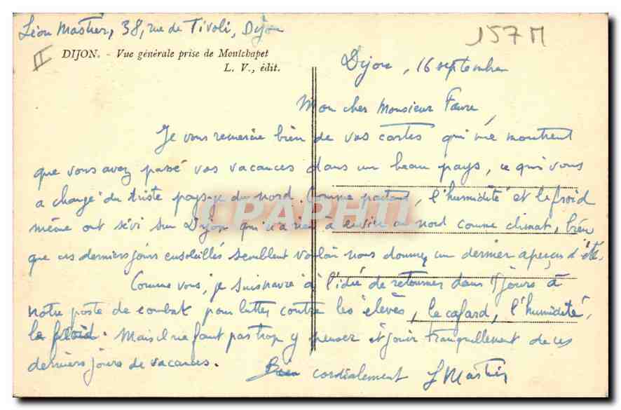 CPA Dijon vue generale prise de Montchapet  — Rückseite