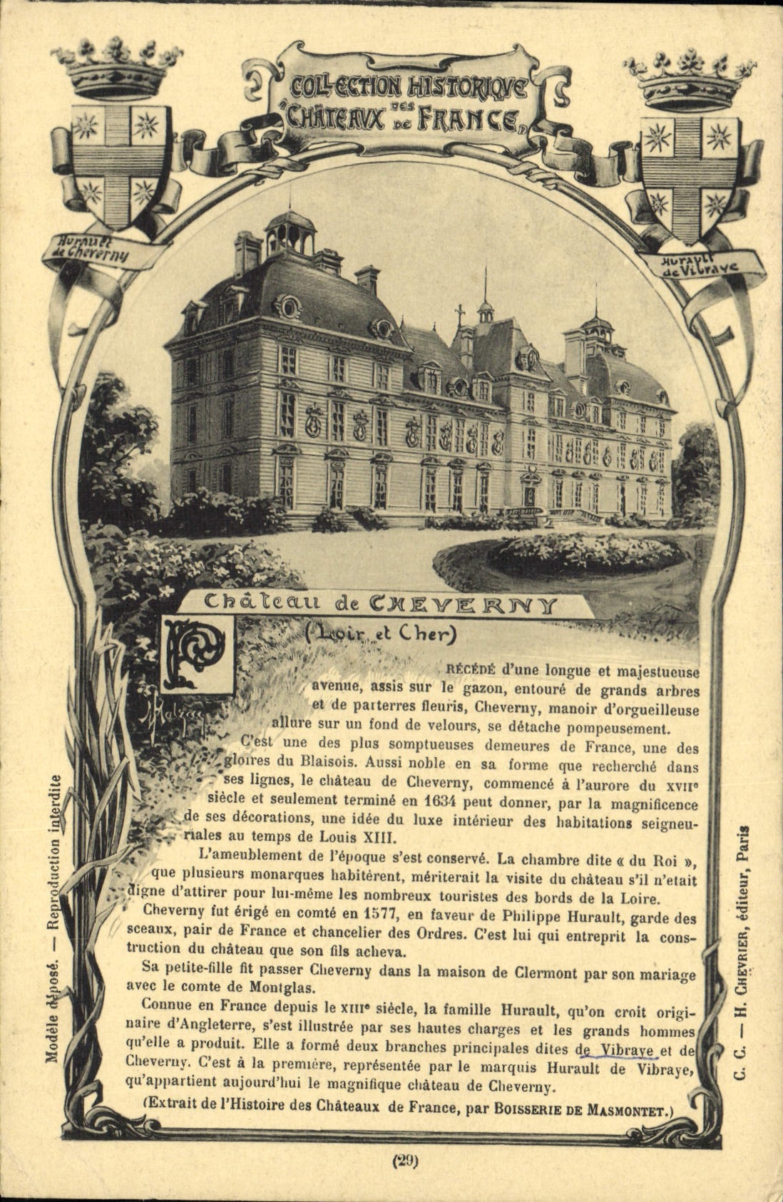 Château de Cheverny — Collection Historique des Châteaux de France — H. Chevrier, éditeur, Paris, n° (20)