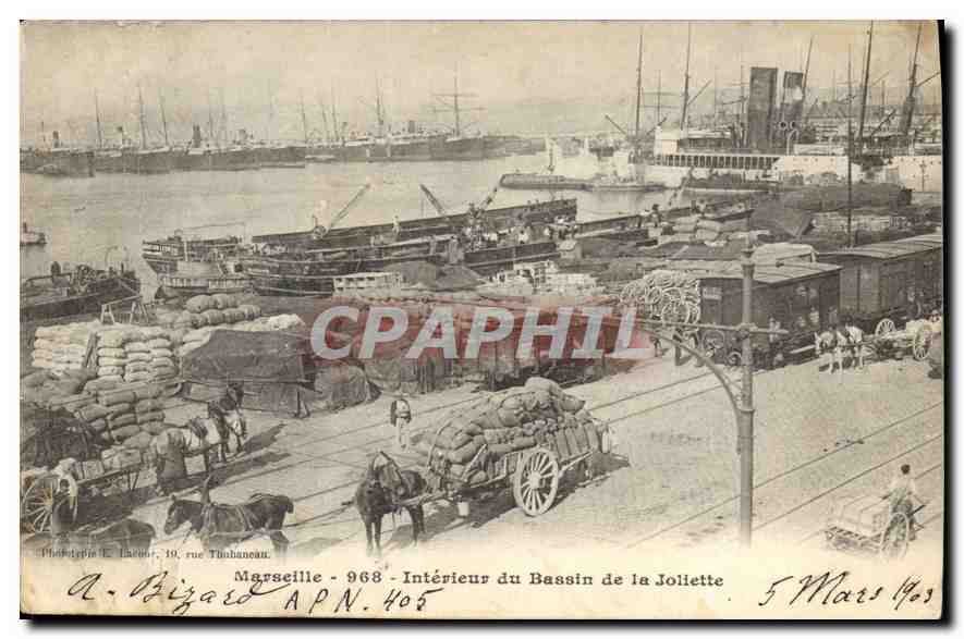 Cartolina d'epoca Interni del bacino di La Joliette a Marsiglia