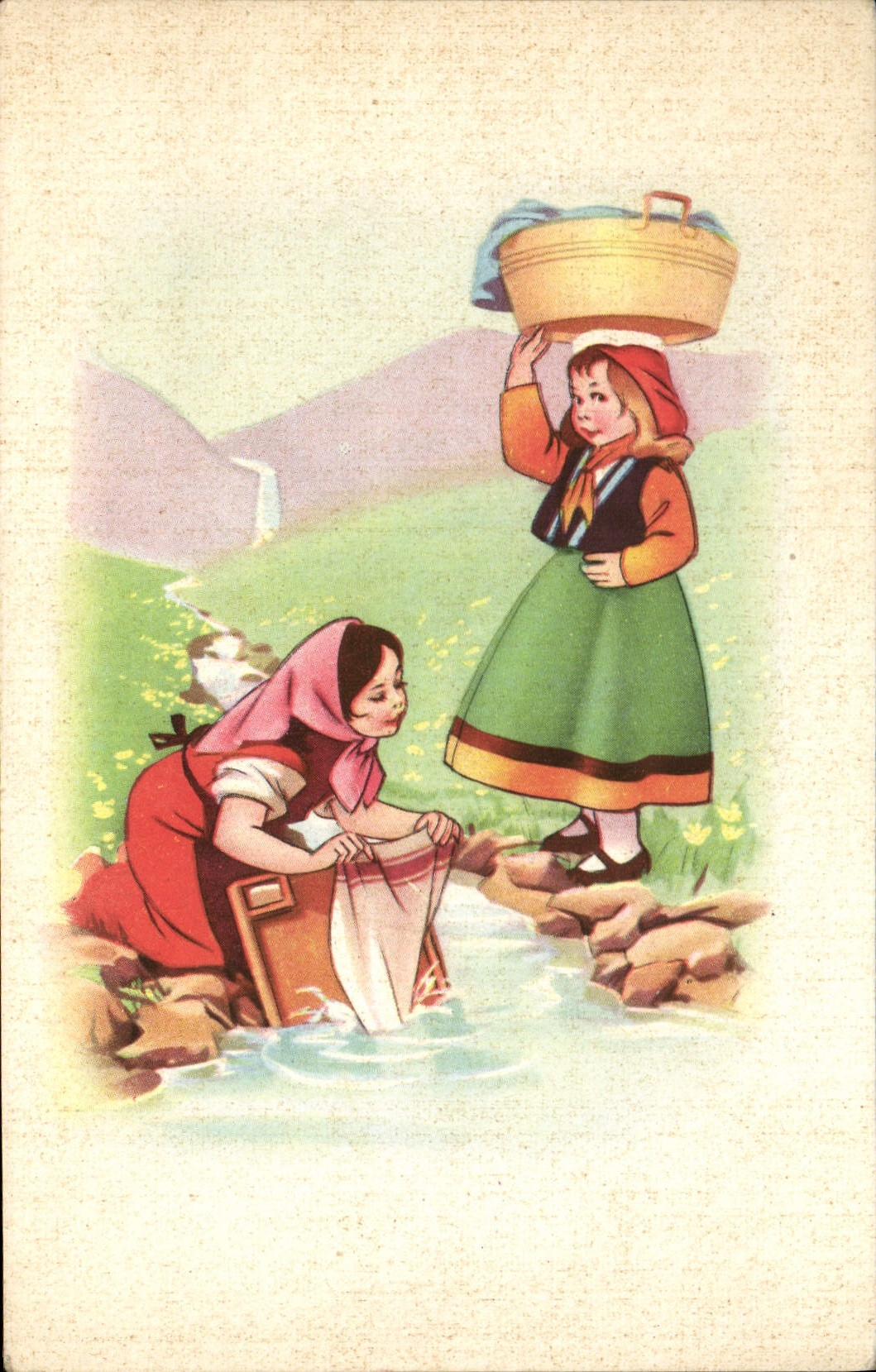 Deux jeunes filles en tenue traditionnelle — lavage à la rivière — éditeur TEL, n° 560