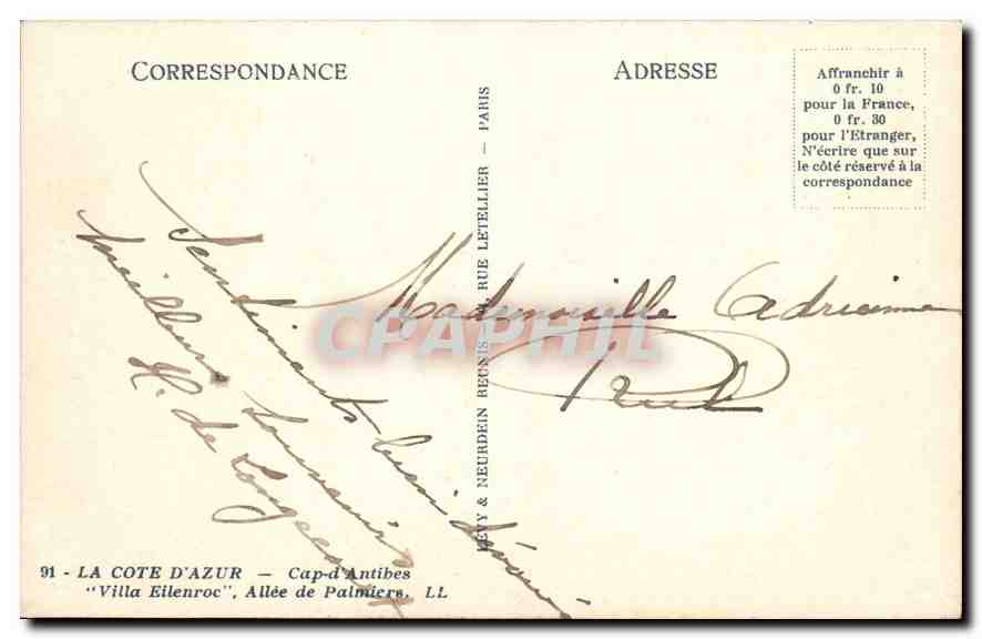 CPA La Cote d'Azur Cap d'Antibes Villa Eilenroc Allee de Palmiers  — Rückseite