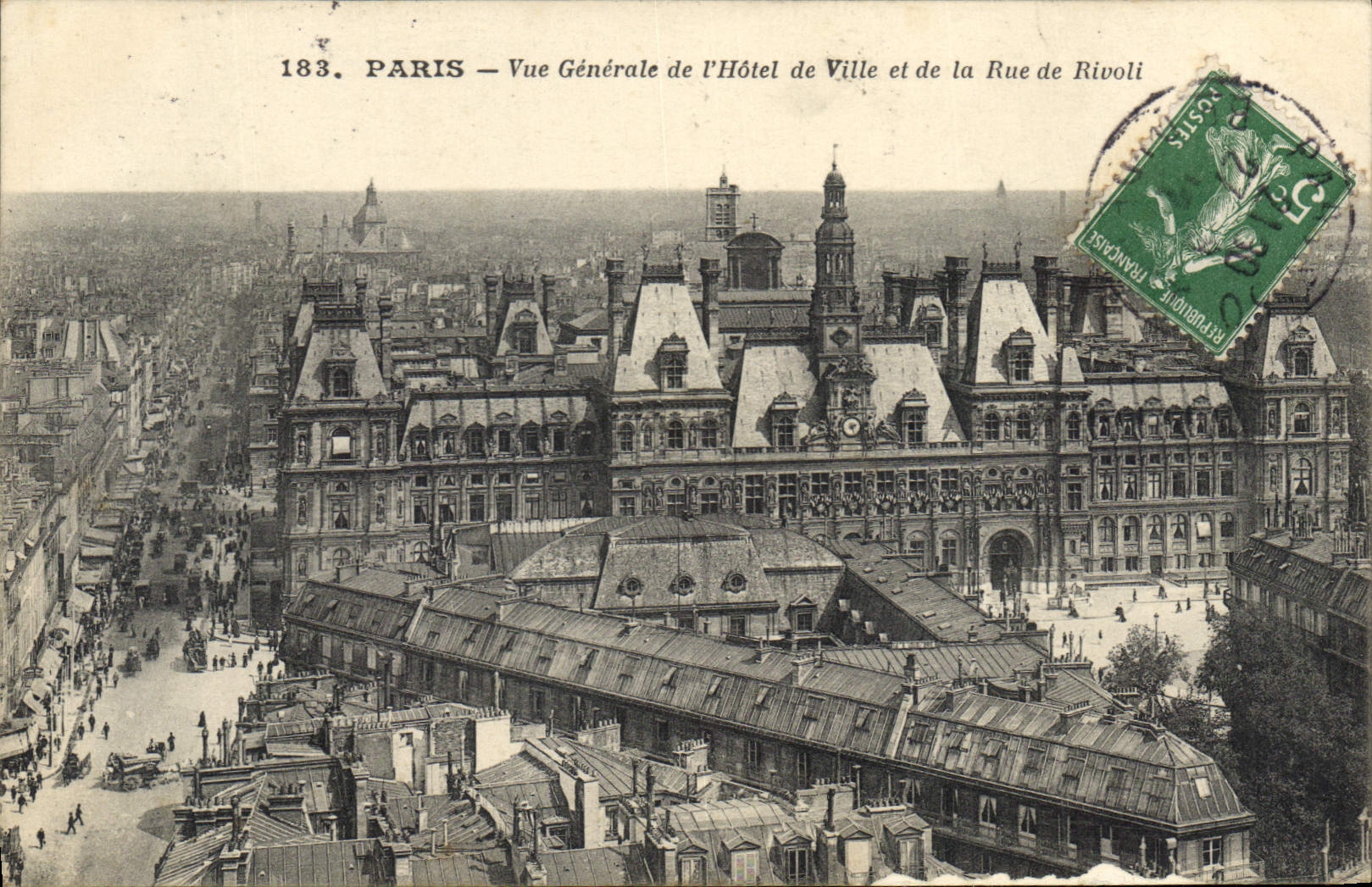 Paris — Vue Générale de l'Hôtel de Ville et de la Rue de Rivoli — Éditeur non visible, n° de série 183