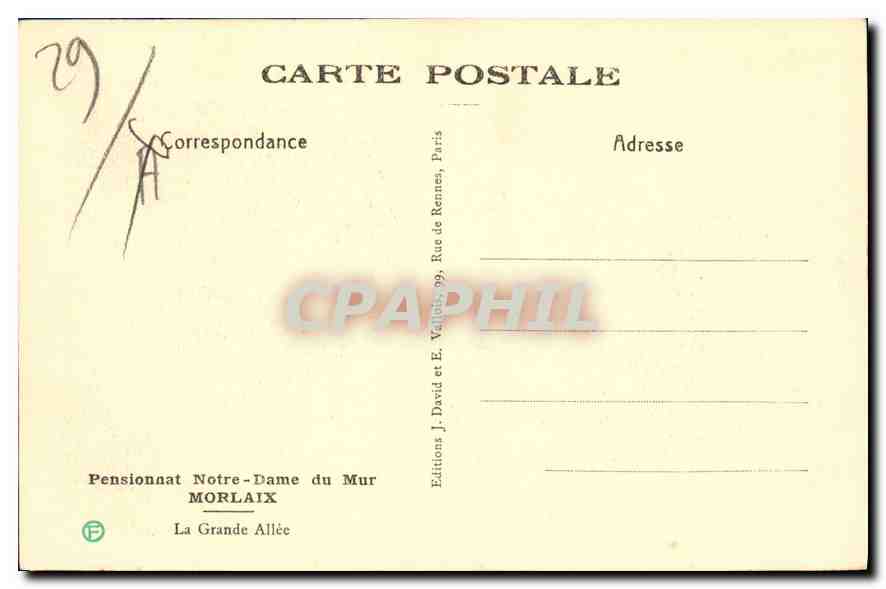 CPA Pensionnat Notre Dame du Mur Morlaix La Grande Allee  — Rückseite