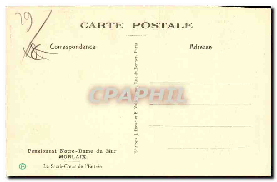 CPA Pensionnat Notre Dame du Mur Morlaix Le Sacre Coeur de l'Entree  — Rückseite