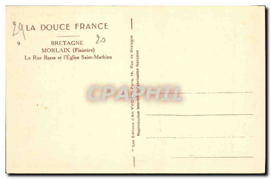 CPA Bretagne Morlaix Finistere La Rue Basse et l'Eglise St Mathieu  — Rückseite