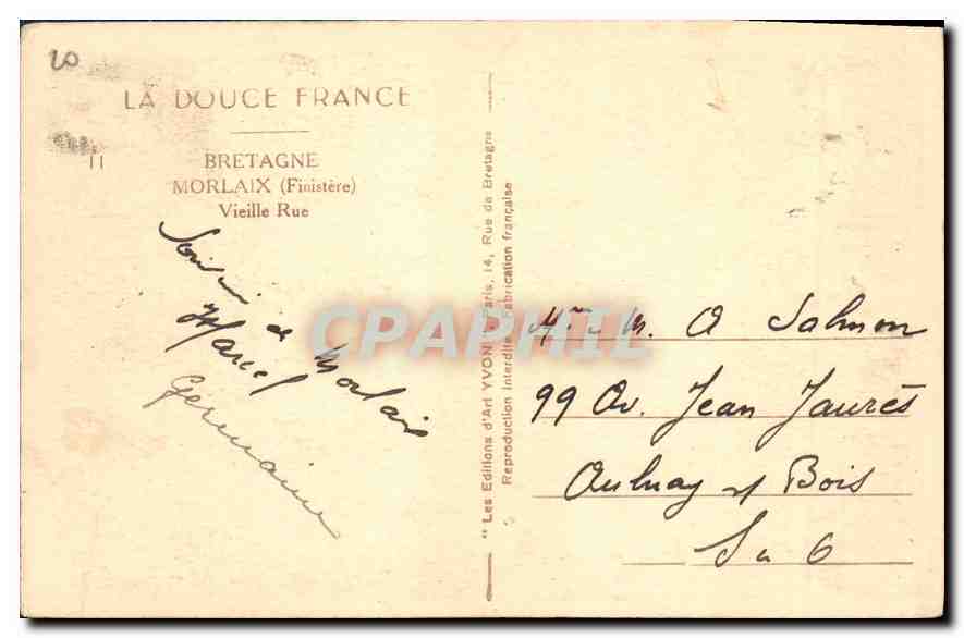 CPA Bretagne Morlaix Finistere Vieille Rue  — Rückseite