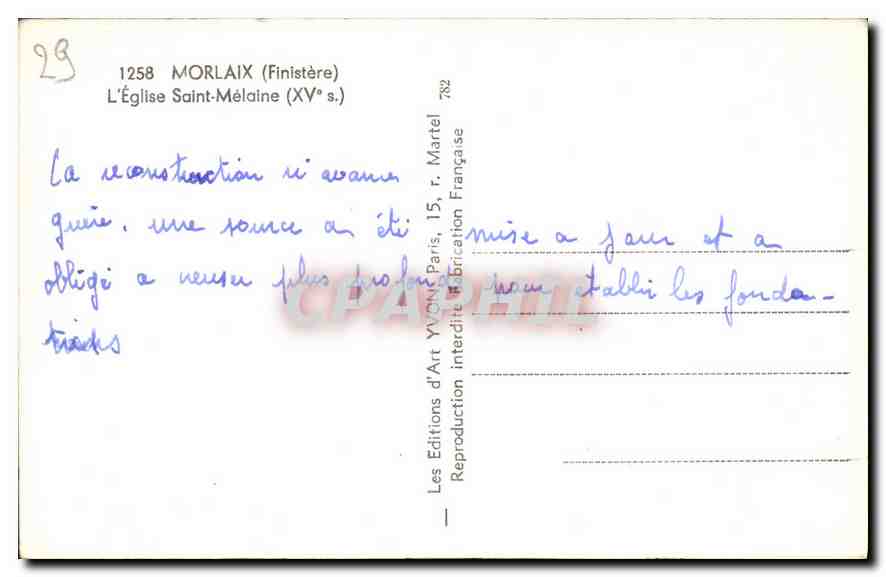 CPA Morlaix Finistere l'Eglise St Melaine  — Rückseite