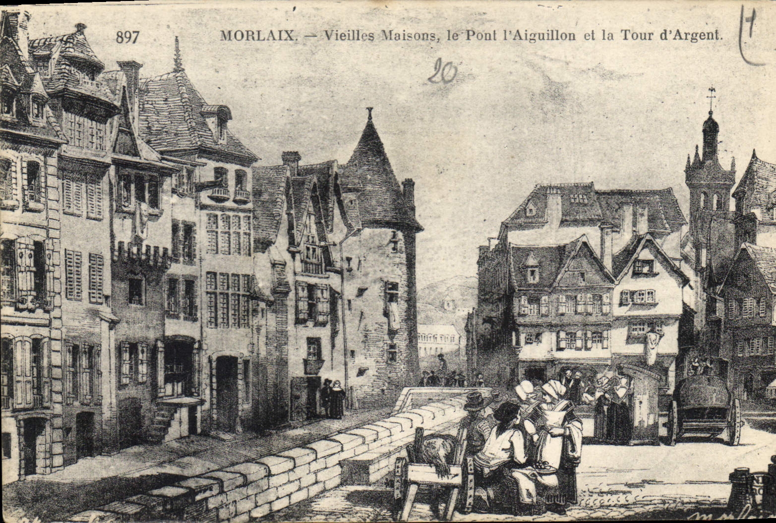 CPA Morlaix Vielles Maisons le Pont l'Aiguillon et la Tour d'Argent 