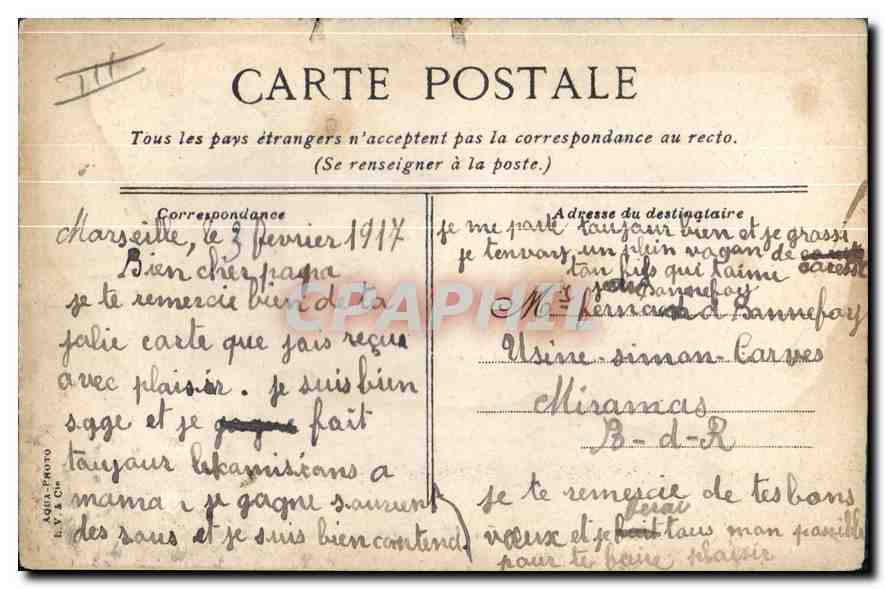 Tarjeta postal antigua Marsella Pasaje Puerto Viejo — Reverso