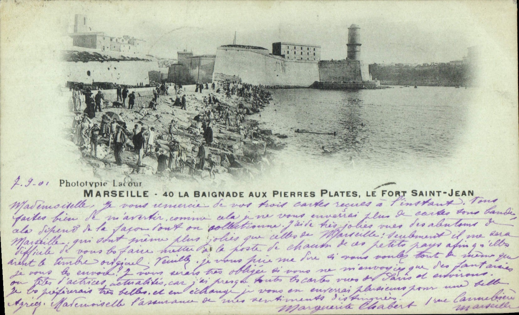 Marseille — La baignade aux Pierres Plates, le Fort Saint-Jean — Phototypie Lacour, n° 40