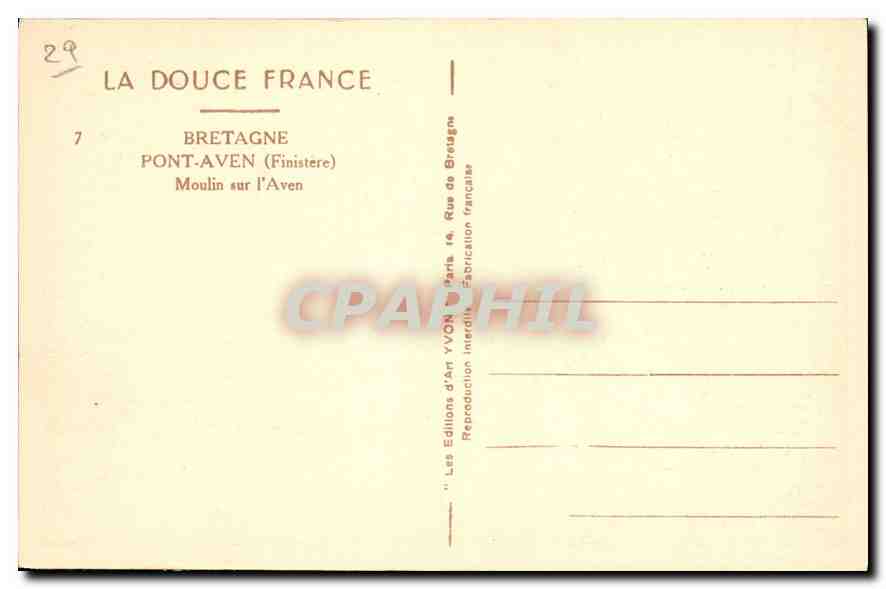 CPA Bretagne Pont Aven Finistere Moulin sur l'Aven  — Rückseite