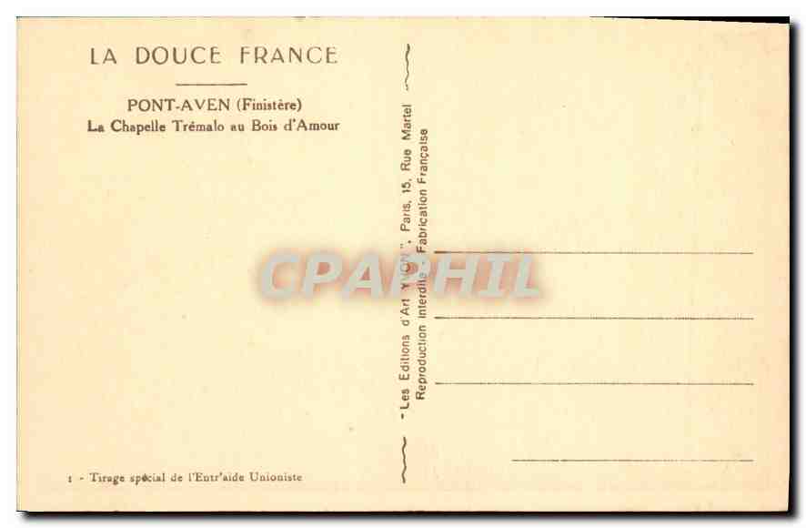 CPA Bretagne Pont Aven Finistere La Chapelle Tremalo au Nois d'Amour  — Rückseite
