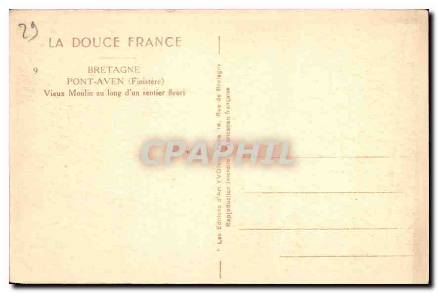 CPA Bretagne Pont Aven Finistere Vieux Moulin au long d'un sentier fleuri  — Rückseite