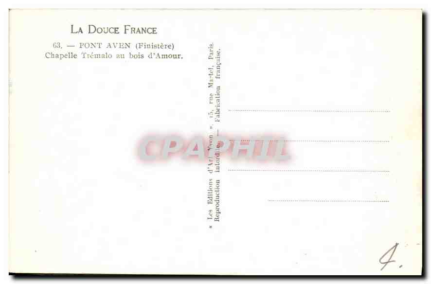 CPA La Douce France Pont Aven Finistere Chapelle Tremalo au bois d'Amour  — Rückseite